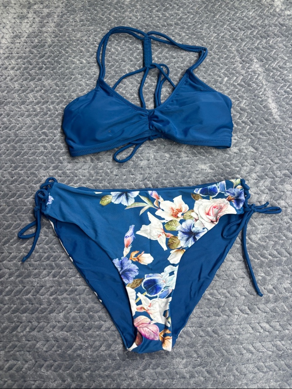 Blue Floral Tie-Side Bikini Set - Women's Swim
